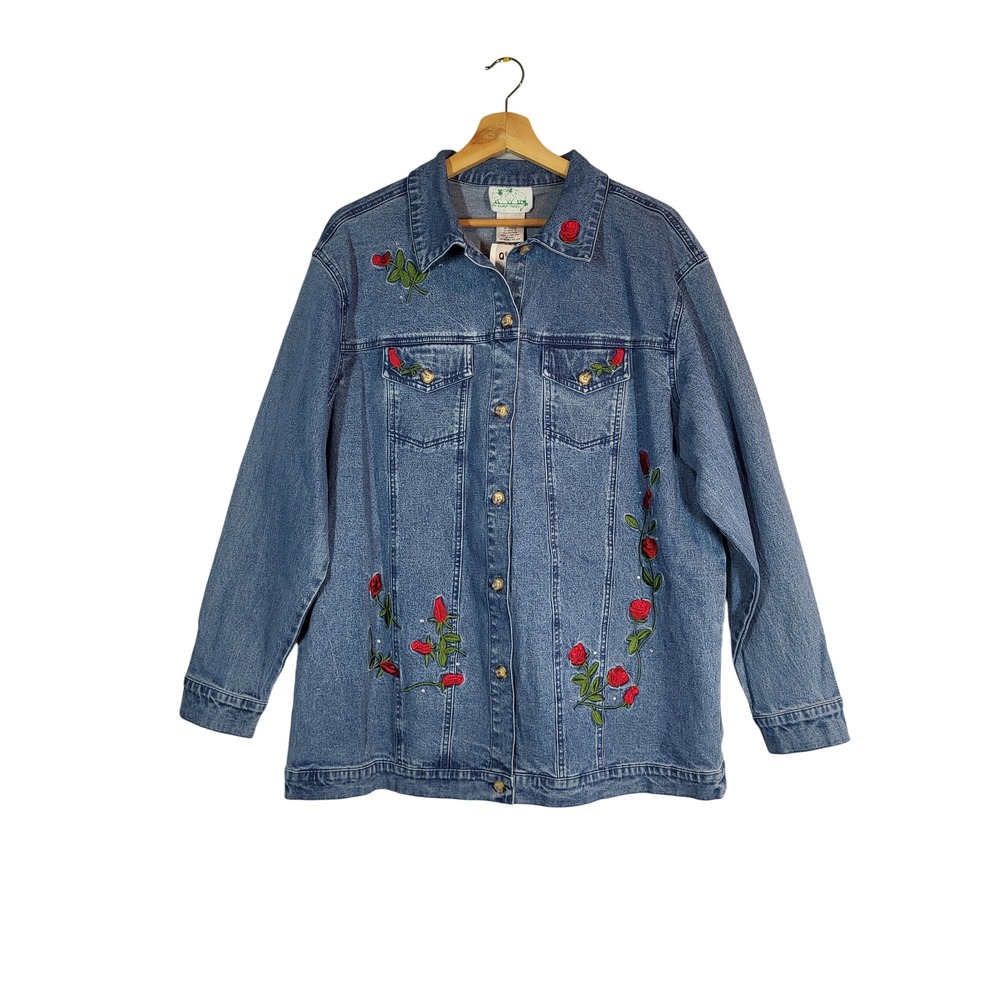 VTG Quacker Factory Denim Jacket L 14/16 Blue Rose Embroidered Rhinestone NEW